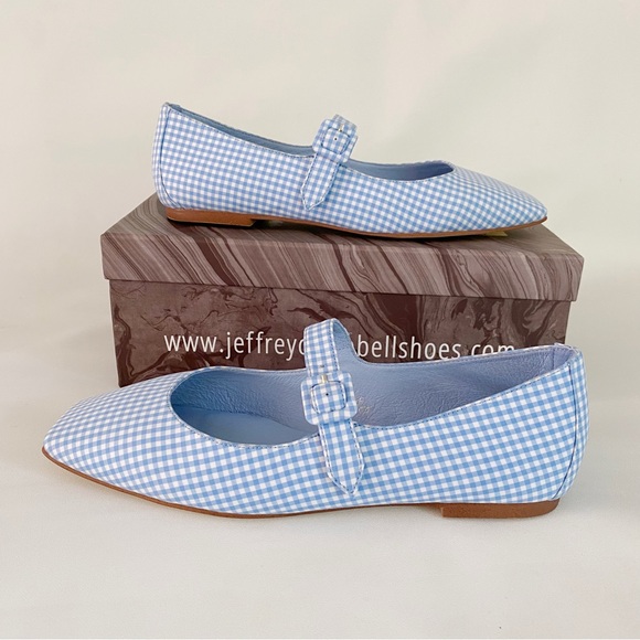 Jeffrey Campbell | Square Toe Mary Jane Flats Sky Blue Gingham Pin Up Rockabilly - Picture 7 of 12